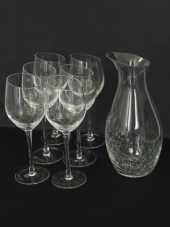 Pier 1 Other - RARE Pier 1 Angled Crackle Glass 7pc Artisan Set - Carafe & 6 Hand-Blown Goblets